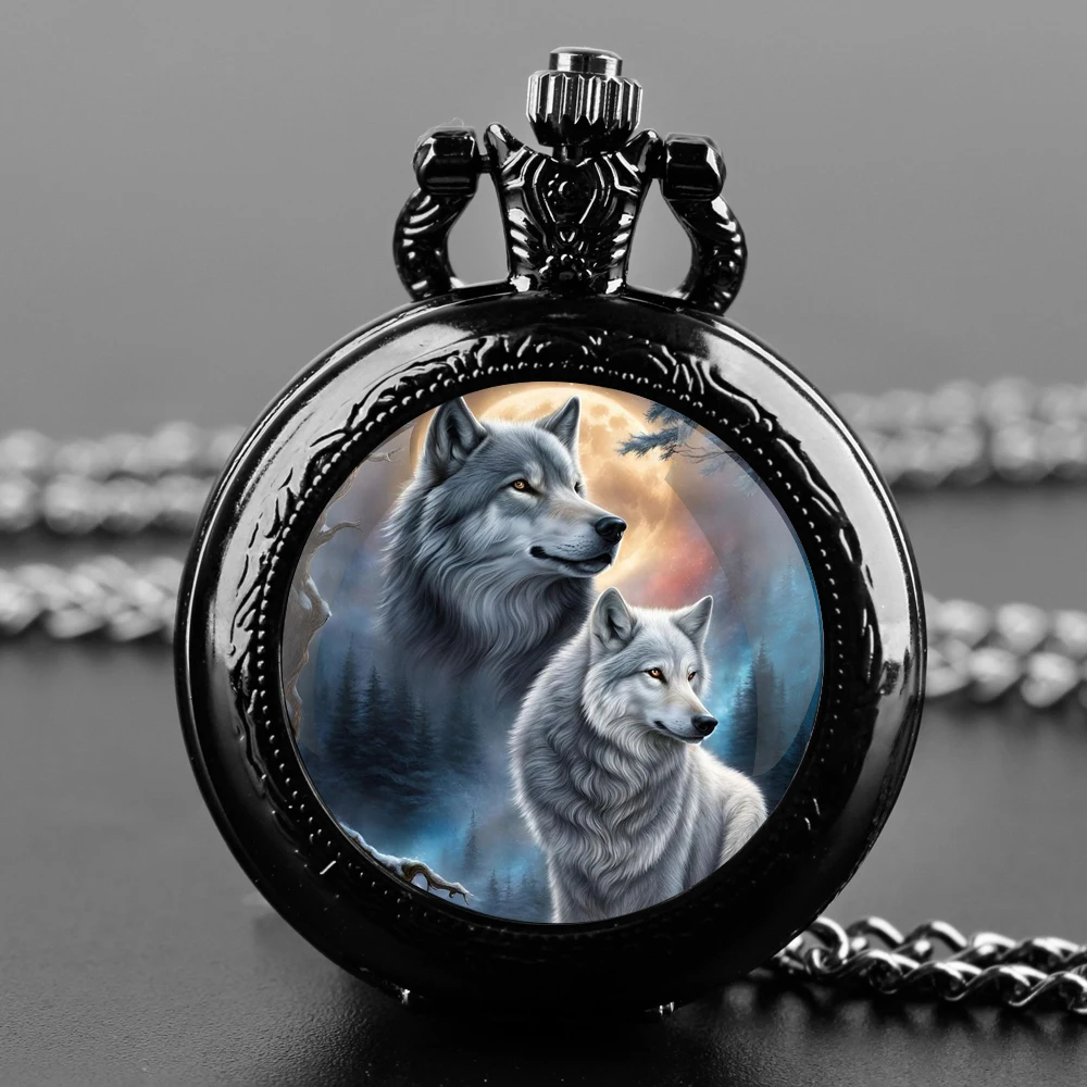 Double Wolf Design Glass Dome Fashion Arabic Numerals Quartz Pocket Watch Necklace Pendant Chain Mens Women Gifts