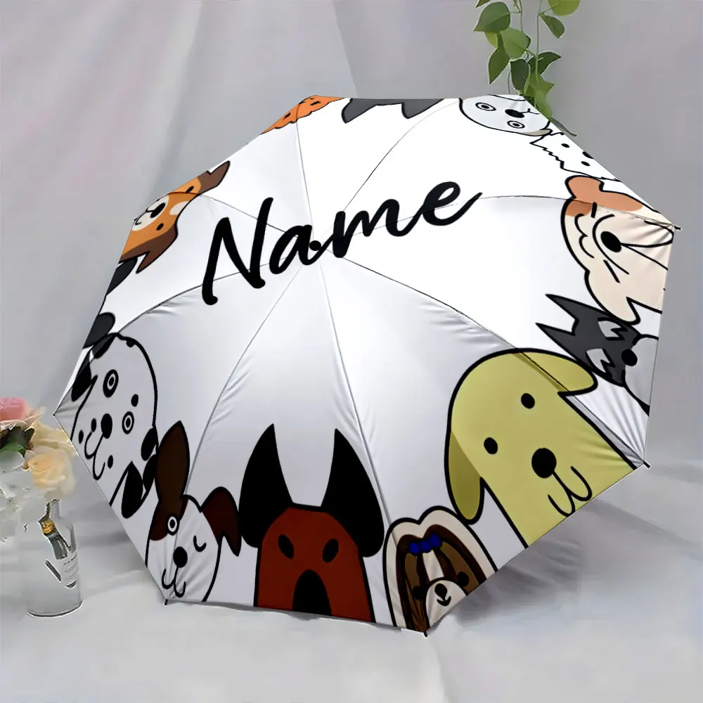 Custom Name Adorable Cartoon Dog Umbrella for Pet Lovers Print 8 Iron Ribs Folding Umbrella, Auto-Open Fashion Sunshade