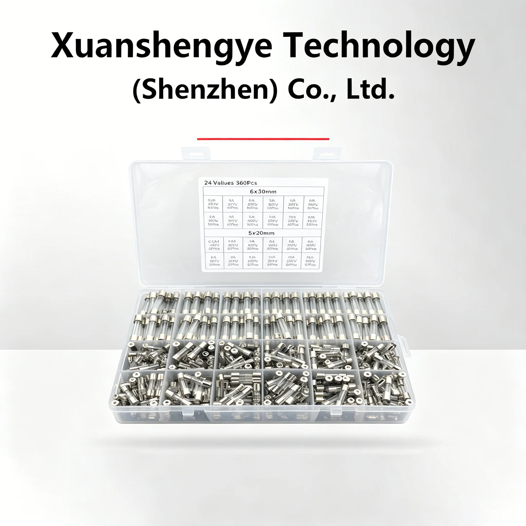 24 types, 360pcs per box, 5*20/6*30mm glass fuse combo kit, 0.25A-20A
