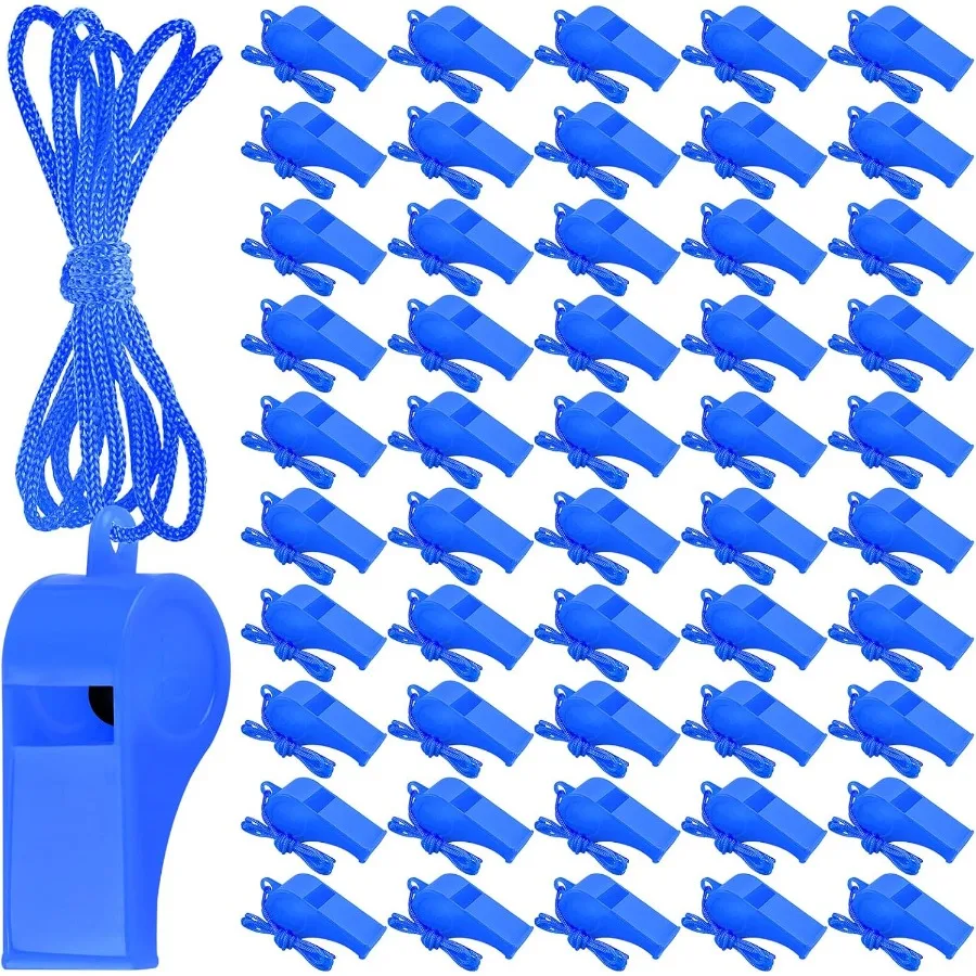 50 Pieces Plastic Whistles with Lanyard Loud Crisp Sound Whistles Bulk for School Trainning Christmas Birthday Party Goody Bag