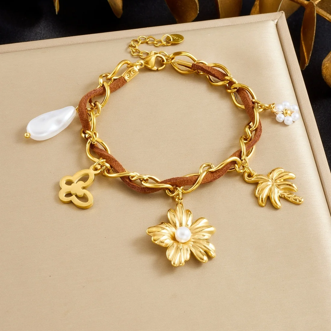 LAMENGLY 316L الفولاذ المقاوم للصدأ اللؤلؤ البطانة شجرة ورد فراشة طبقة مزدوجة سوار المرأة 18 كيلو مطلية بالذهب مجوهرات مقاومة للماء #5