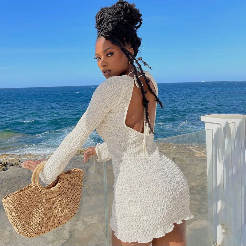 Women Long Sleeve Bodycon Mini Dress Round Neck Open Back Tie Bohemian Outfit For Beach Party Vacation Daily Casual Evening Wear