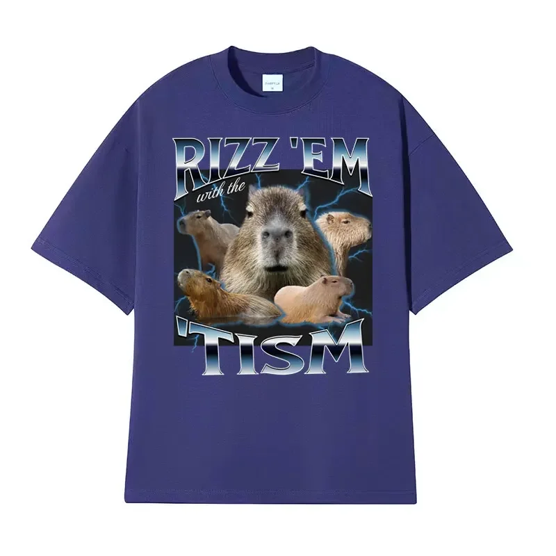 Rizz Em with The Tism Retro T Shirt Funny Cute Kawaii Capybara Meme T-shirt Men\'s Women Casual Fashion Humor Short Sleeve Tshirt