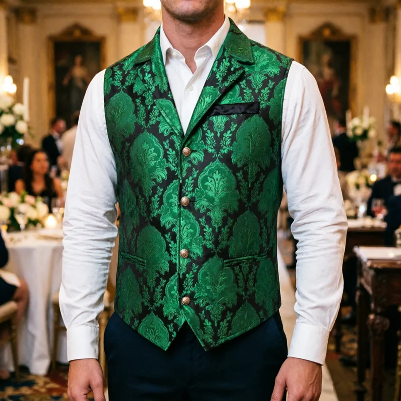 

Luxury Men Jacquard Suit Vest Red / Green / Blue / Pink Fashion Mens Wedding Prom Party Dress Waistcoat