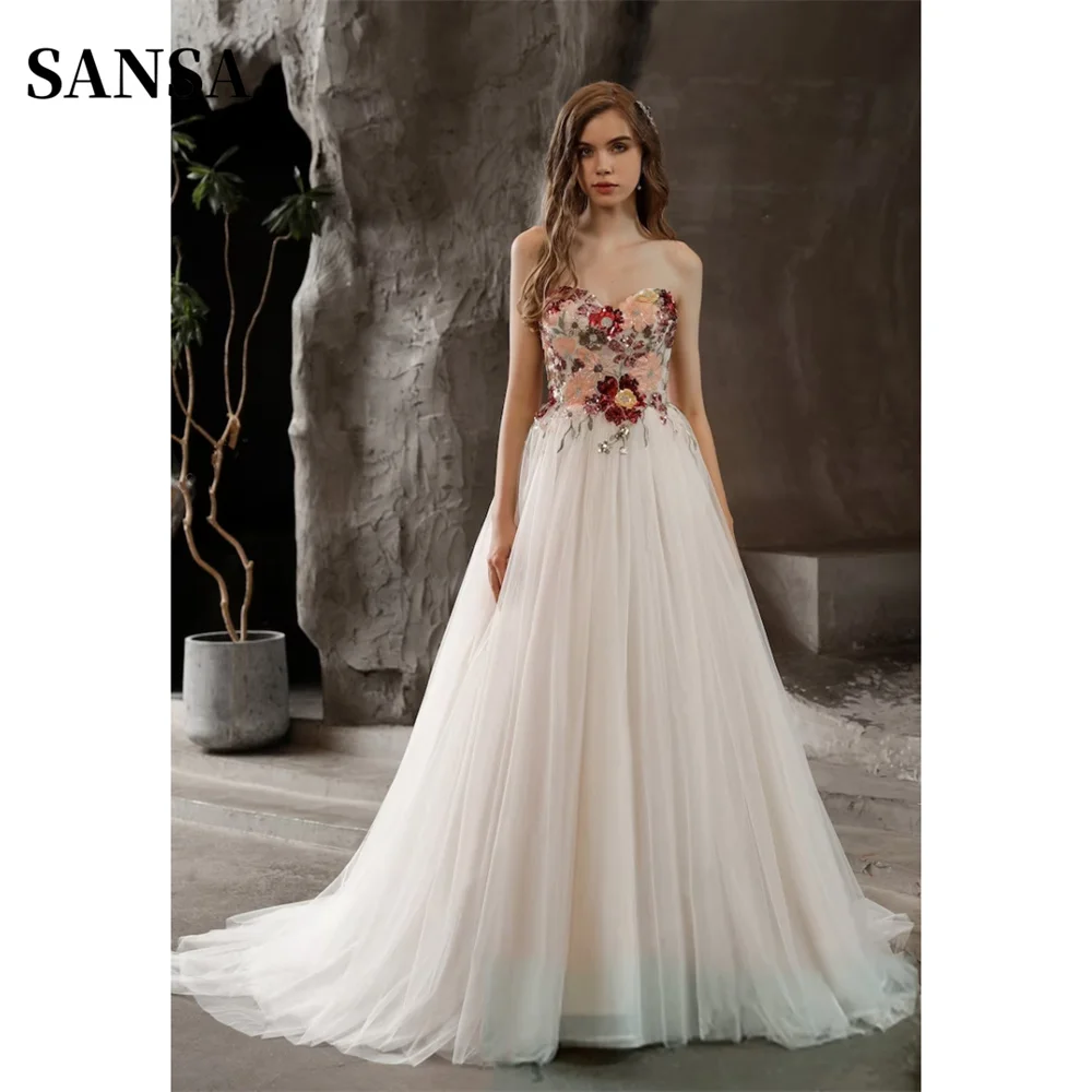 

Sansa Flower Lace Embroidery فساتين السهرة Tulle A-line Strapless Vestidos De Noche Elegant Sleeveless Backless Prom Dresses