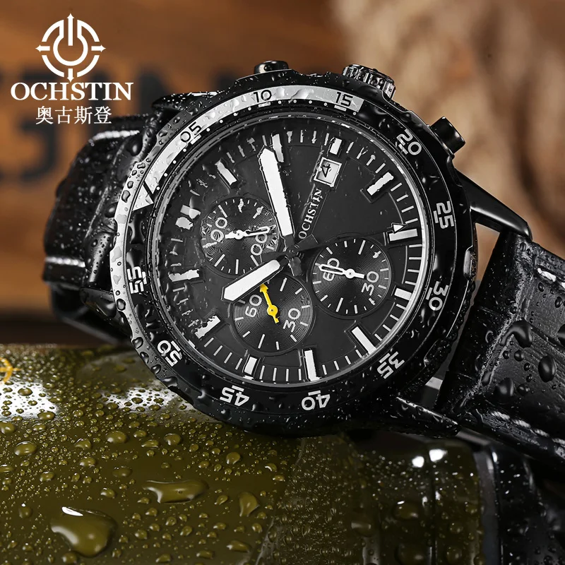 OCHSTIN Men's Quartz Movement Watches Man Genuine Leather Strap Wristwatch Waterproof Luxury Mineral Hardened Glass Male Watch
