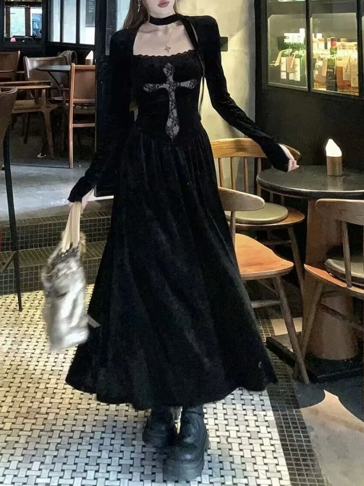 French Black Elegant Velvet Long Sleeve Dress Women Vintage Lace Cross Print Slim Long Dresses Y2k Dark Academia Casual Clothes