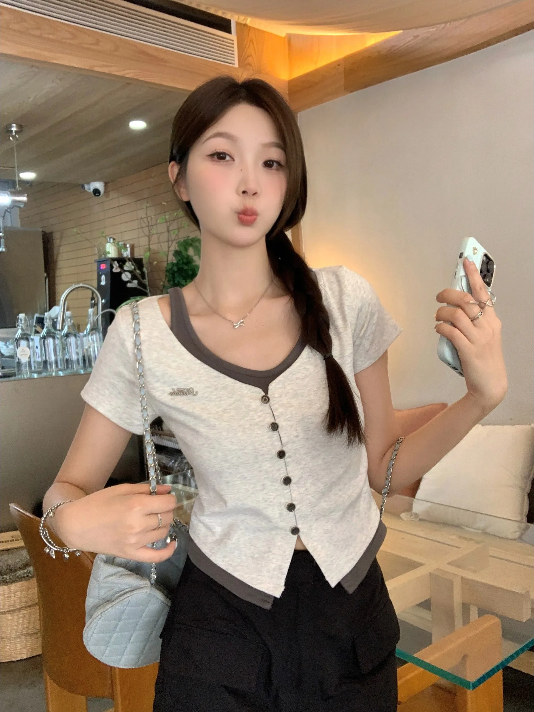 

plus Size Sweet And Spicy Short Sleeve T-Shirt Slimming Color Block Top Summer New Style Commute Style Korean Version round N...