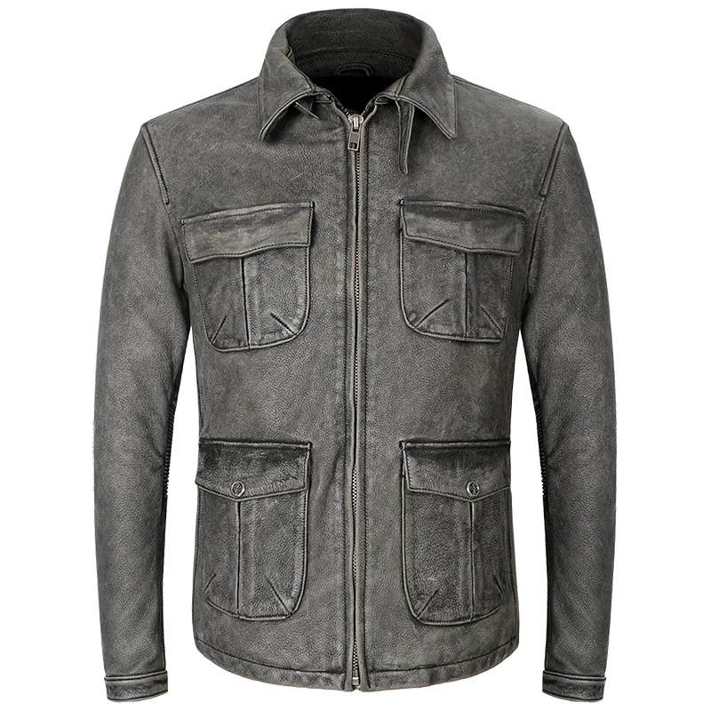 Grey Men's Spring Vintage Jacket Retro Style Plus Size 5XL Natural Cowhide Autumn M65 Safari Genuine Leather Coats