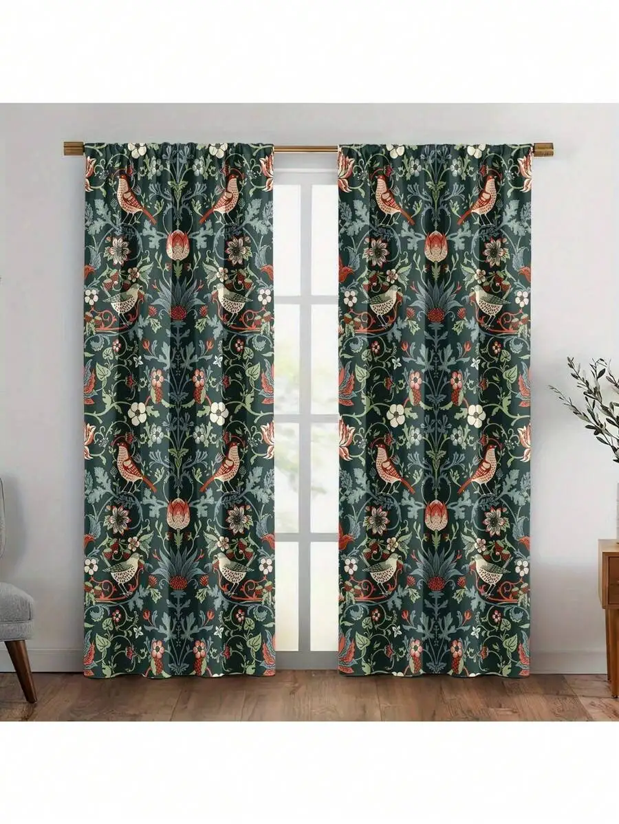 2 Piece William Morris Style Bird Floral Pattern Blackout Curtains Polyester Thermal Insulation