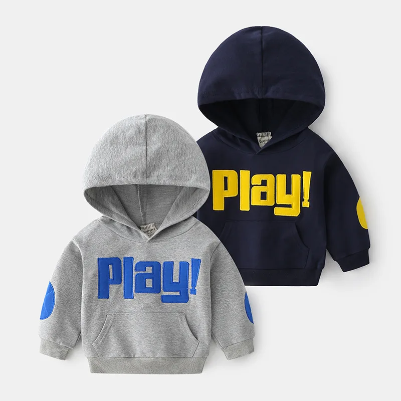 Kids Hooded Sweatshirt Boys' Letters Patch Embroidery Pullover Hoodie Spring/Autumn 2024 Available for Ages 3-8, 2 Color Options