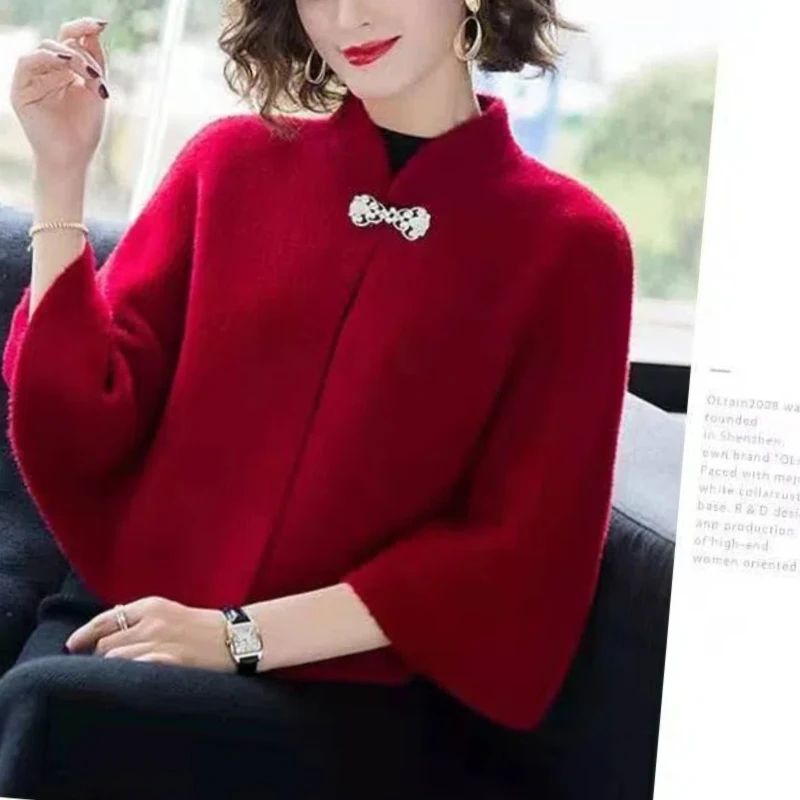 Korean Fashion New Woolen Cheongsam Capes Autumn Winter Women Solid Stand Collar Bat Sleeved One Button Temperament Ponchos Tops