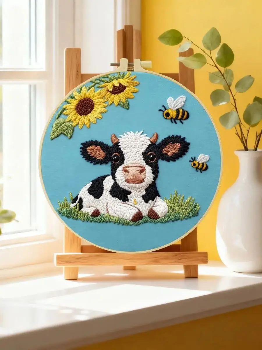 1 Stück 20X20CM/15X15CM 7,87/6,3 Zoll Tier - Kuh Stickerei Starter-Kit DIY-Kit DIY Stickerei-Set Handarbeiten Malerei – Detail 6