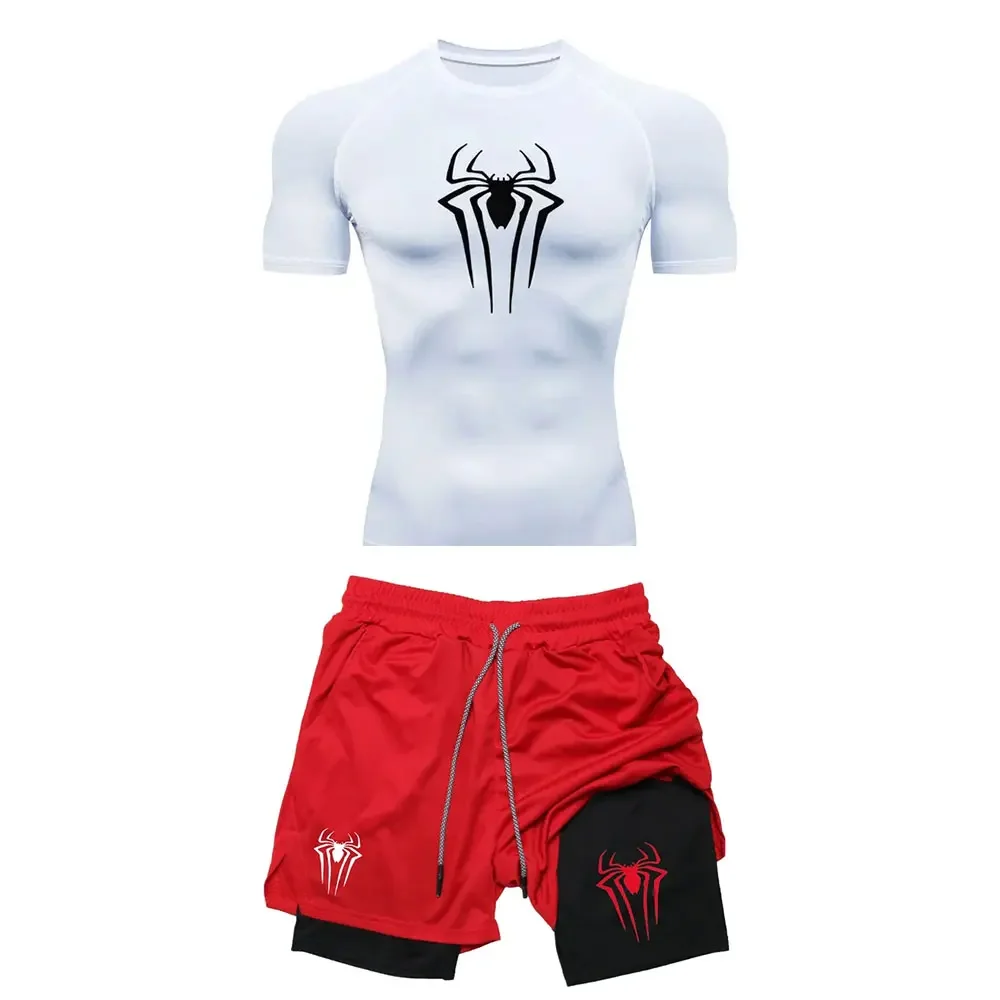 Compression training sportswear men's set, spider print running fitness T-shirt, breathable running shorts, quick drying exercis