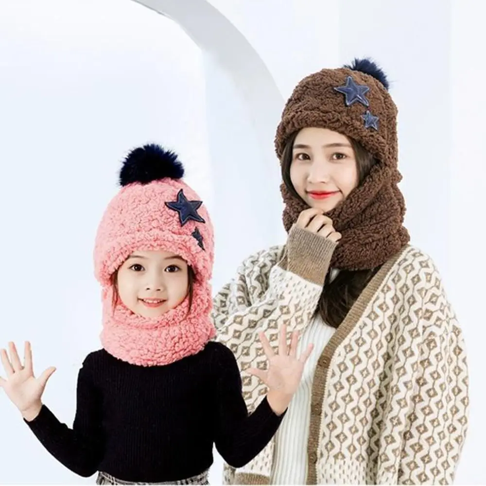 Plush Coral Velvet Cap Winter Cute Star Balaclava Baby Scarf Hat Polar Fleece Scarf Thicken Cap Boys Girls