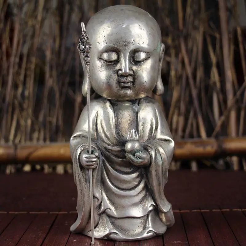 Antique Miscellaneous Copperware, White Copper, Study Room Home Decor, Exquisite Craft Supplies, Standing Monk Statue