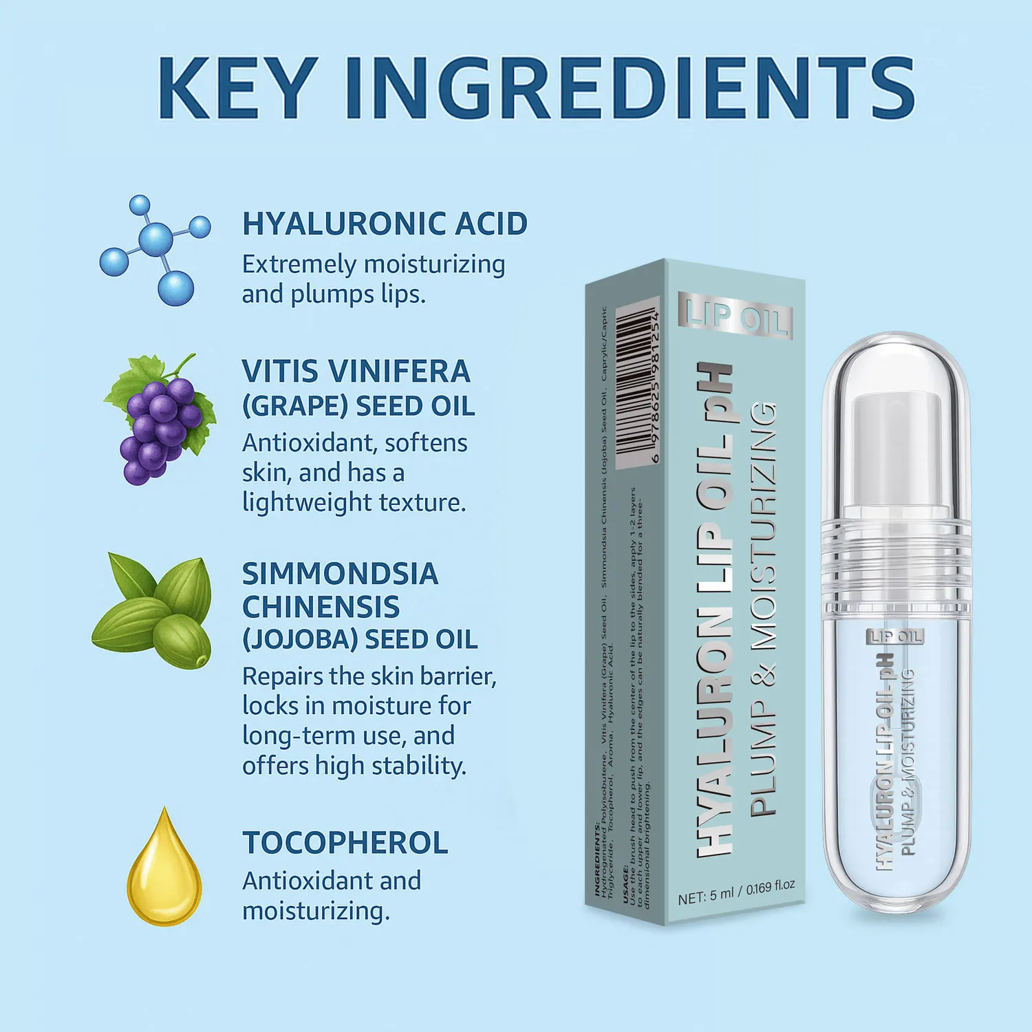 زيت الشفاه الهيالورون الممتلئ بالطموح الهيدروجيني 5 مل، ترطيب طويل الأمد، يجعل الشفاه ناعمة وممتلئة، يلمع الشفاه