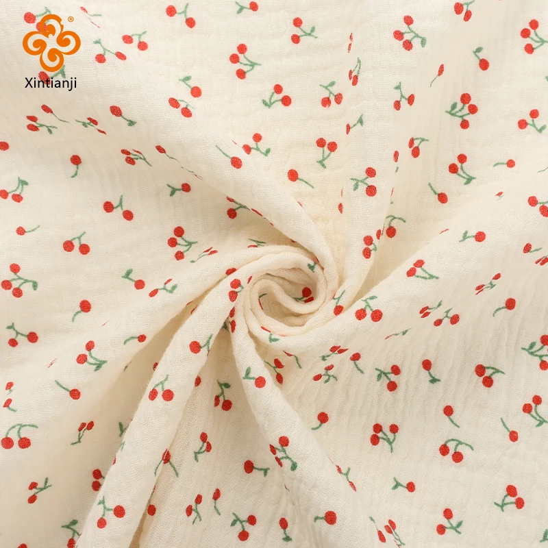 1m/2m/5m Cotton Crepe Fabric Cute Pink Cherry Print Double Layer Gauze Children Pajamas Quilt Fabric DIY Sewing Blanket Material