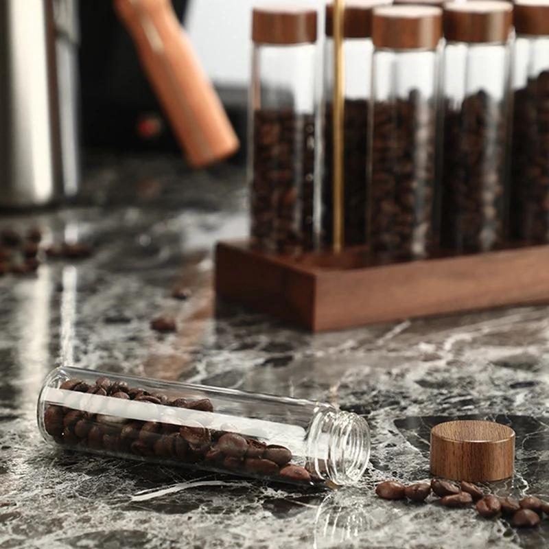 حامل عرض أنبوب اختبار زجاجي ، أدوات باريستا ، تخزين أنبوب واحد ، زجاجة توزيع حبوب القهوة ، حبوب البن المغلقة