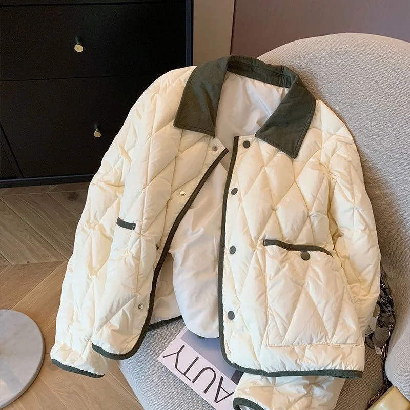 Autumn Winter Cotton Padded Jacket Women's 2026 Contrast Lapel Rhombic Thin Short Loose Cotton Parkas Casual Coats Female Jacket