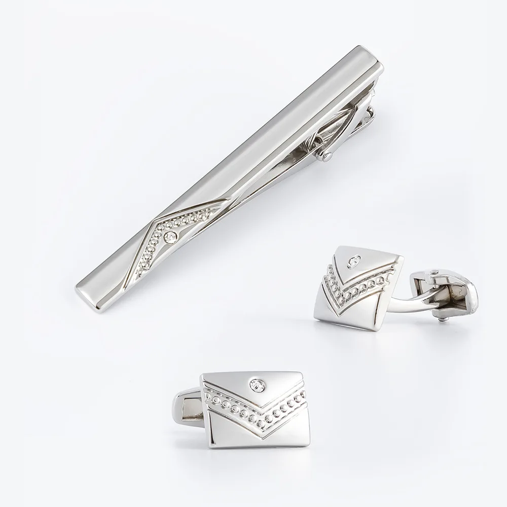 Men's Business Tie Clip Cufflinks Two-piece Set Circular Inlaid White Rhinestone Alloy Set Men's Cufflink Set