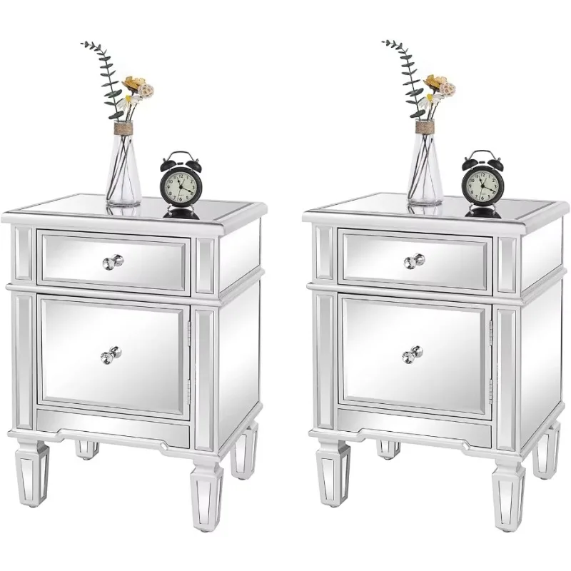 

Nightstands Set of 2 Mirrored Side Tables Glass End Table with Drawer for Bedroom, Silver