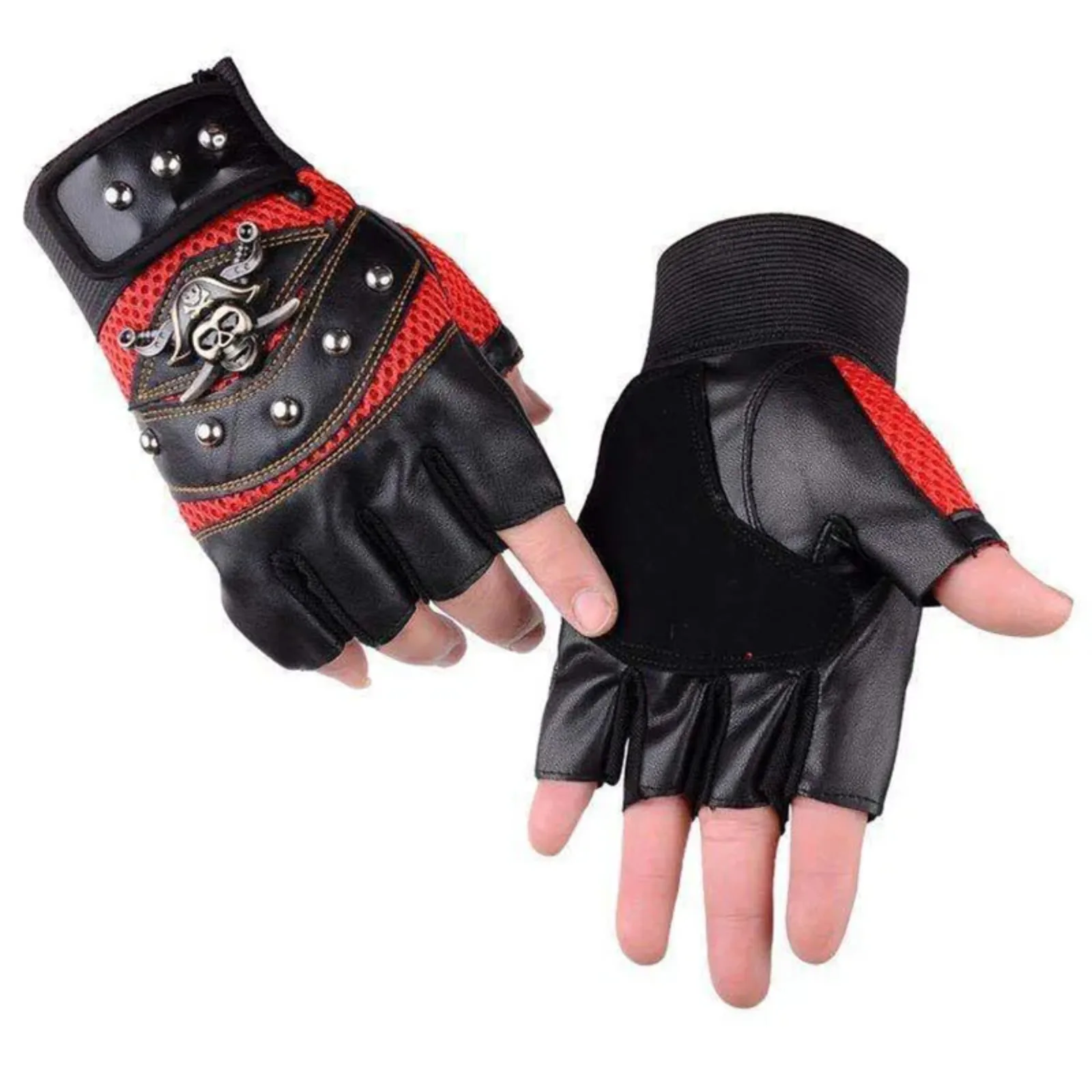 Punk Skulls Rivet PU Leather Gloves Men Women Fashion Hip Hop Anti-slip Half Finger Gloves Summer Cycling Motorcycle Accessories