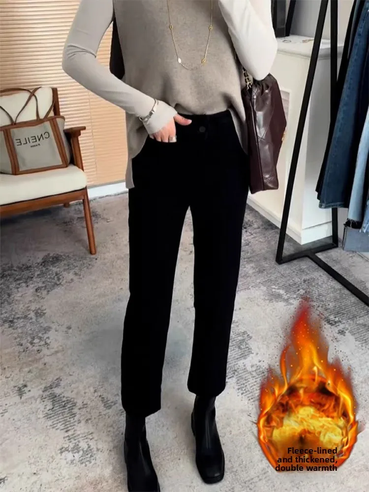 

High Waist Fleece Lined Elastic plus Size Black Denim Jeans Women's Autumn Winter Slimming Nine Point Straight Tube Pants