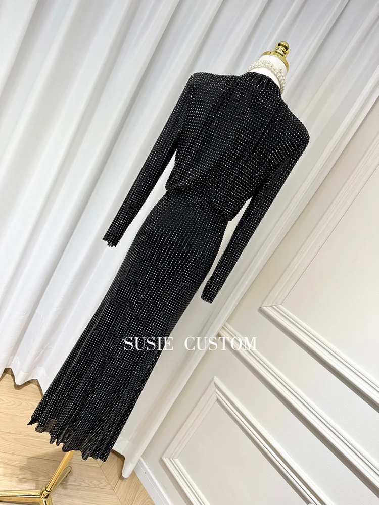 IEQJ Elegant Spliced Diamonds Dresses For Women Long Sleeve Solid Color Turtleneck Zipper Mid-length Dresses Female 3WM767