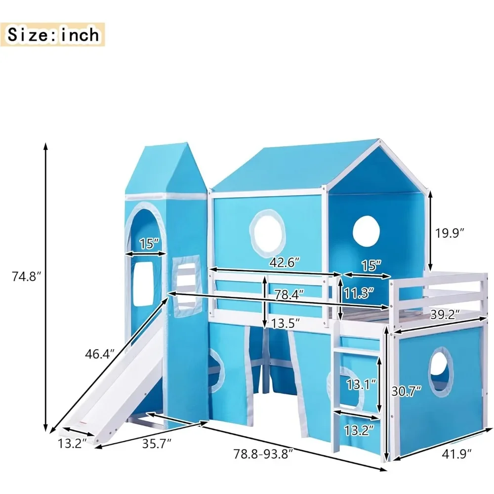 Low Loft Bed with Tent and Slide, Solid Wood Loft Frame with Safety Guardrails and Ladder for Kids Bedroom,Easy Assembly