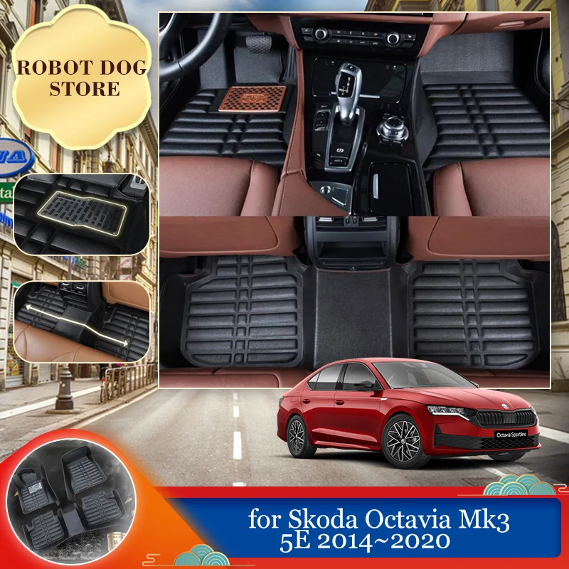 Car Leather Floor Mat for Skoda Octavia Mk3 5E 2014~2020 2015 2016 2017 Waterproof Foot Liner Carpet Pad Custom Rug Accessories