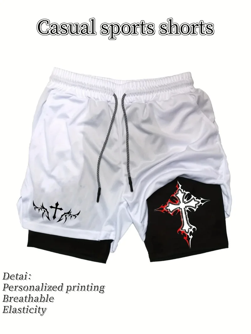 Pantalones cortos deportivos de secado rápido para hombre, pantalones cortos de entrenamiento transpirables que absorben la humedad para gimnasio con cordón de cintura elástica, diseño de doble capa