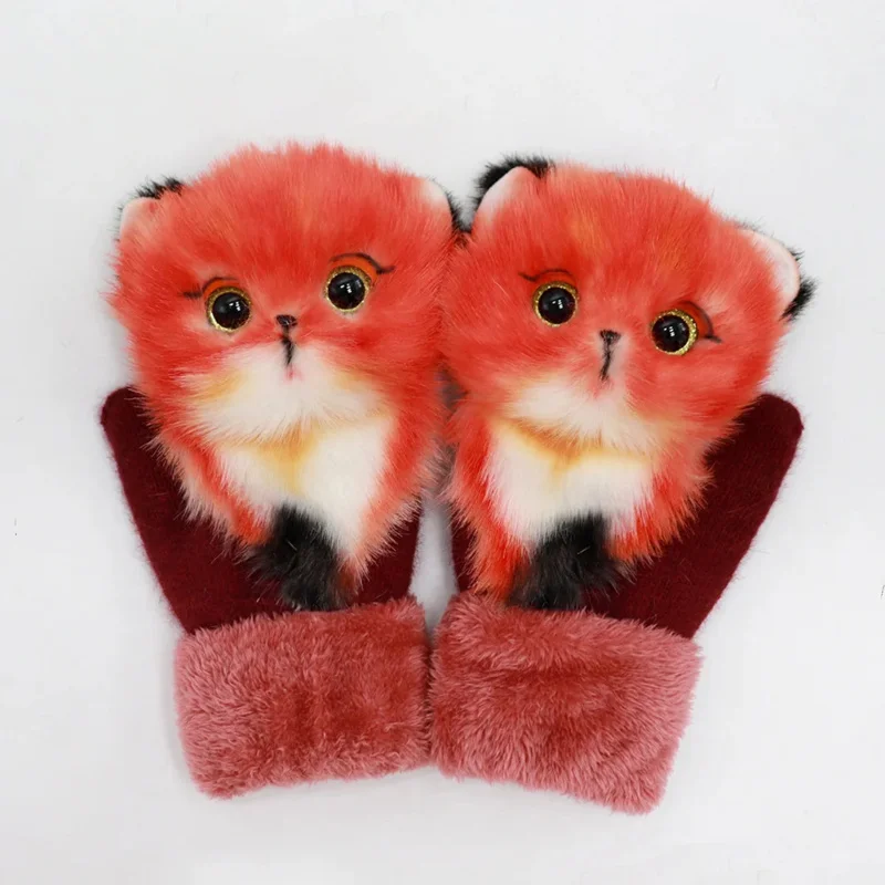 Weibliche warme Winter handschuhe mit Einhorn tieren Katzen fuchs Hund Mädchen Kunst pelz drehen Manschette verlängerte Länge Fäustlinge 22cm