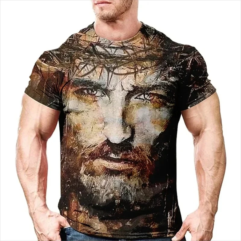 

2025 Retro Jesus Christ Men's 3D Oversized Loose Casual Short Sleeve T-Shirt High-Quality Streetwear