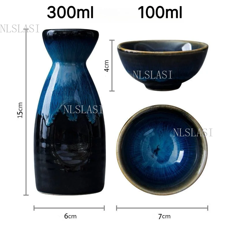 Starry Blue Kiln Changed Sake Gift Set 1 Wine Jug and 4 Cups Glossy Ceramic Wine Set for Asian Cuisine and Tea Ceremony