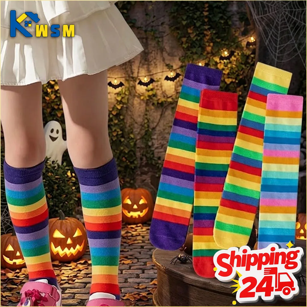 1-10Pairs Rainbow Striped Thigh High Socks Colorful Over Knee Soft Stretchy for Party Cosplay Sexy Poster Style Outfit Fall