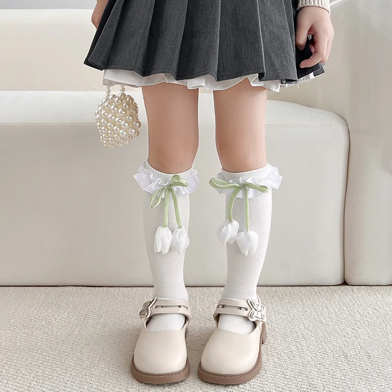 Sweet Girls 3D Tulip Large Bow Breathable Lace Trim Mid Calf Socks Soft Elastic Skin Friendly Knit Romantic Lolita Daily Hosiery