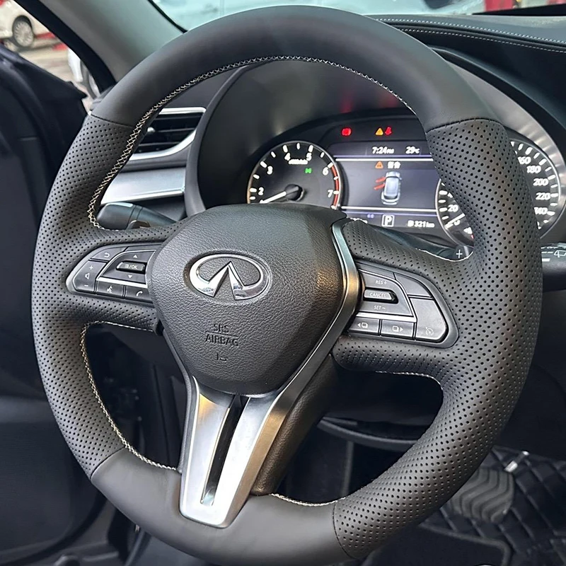 Hand-Stitched Non-Slip Black Genuine Leather Car Steering Wheel Cover for Infiniti QX50 Q50 2018-2020 Q60 2016-2020