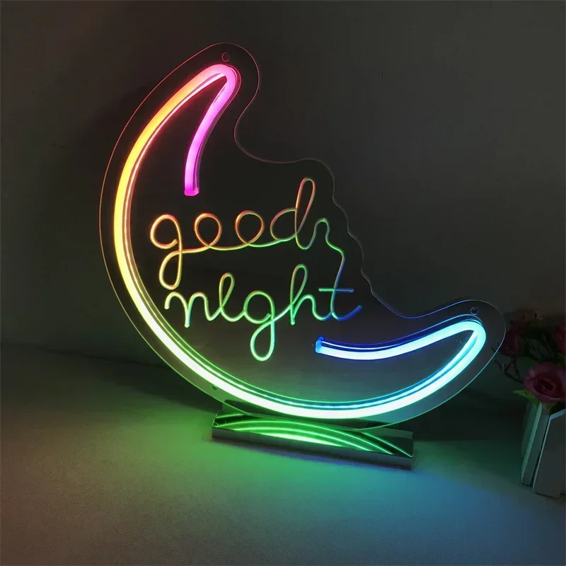 

Flash Good Night Lights LED Neon Sign Colorful Moon Shape Mirror Neon Lamp Christmas Decoration RGB Home Decor USB Moon Light