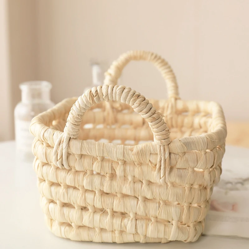 Handmade Straw Storage Basket Corn Husk Fruit Sundries Organizer Plant Box Straw Flower Pot With Handle