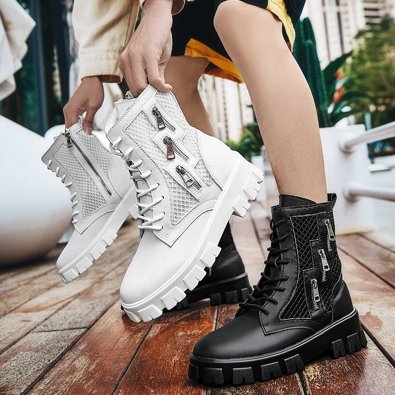 New White Men\'s Boots Fashion Tooling Men Shoes Thick Sole Men Black Ankle Boots Designer Platform Motorcycle Boots Man Footwear