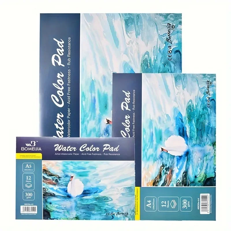 BOMEIJI Watercolor Paper Pad - 300gsm, 100% Cotton Artist Grade Cold Pressed Paper for Watercolors, Gouache, and Ink - 12 Sheet