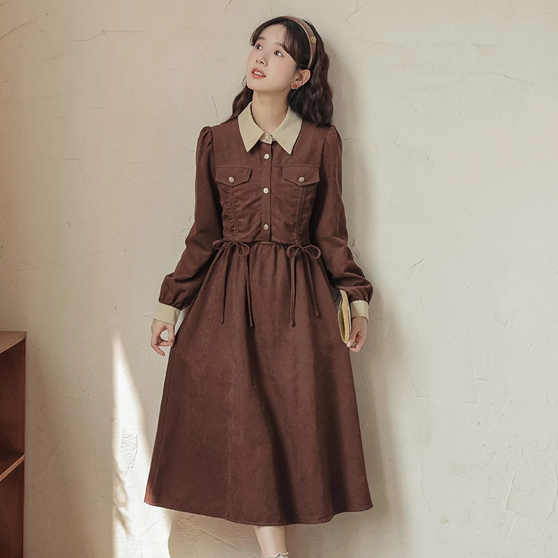 Japan Preppy Style Brown Dress Woman Vintage Chic Design Turn Down Collar Draw String Lady Midi Dresses Vestidos Outono Inverno