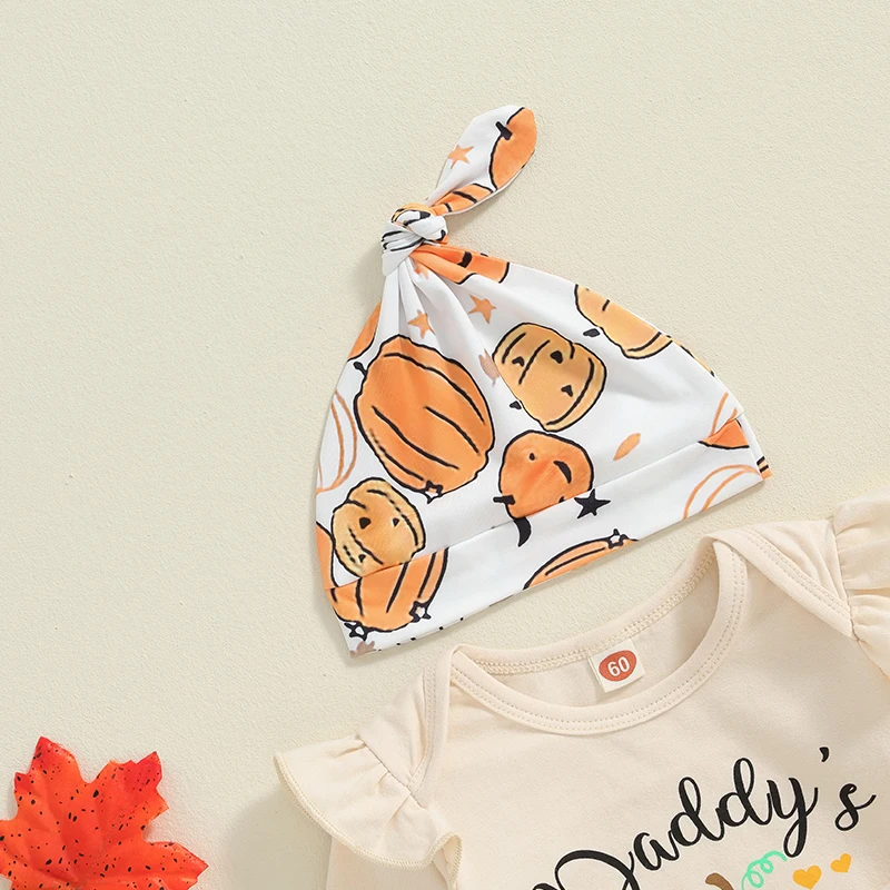 Baby Girl Halloween Outfit Pumpkin Print Long Sleeve Romper Pants Bow Headband Hat Belt 5 Piece Set for Fall