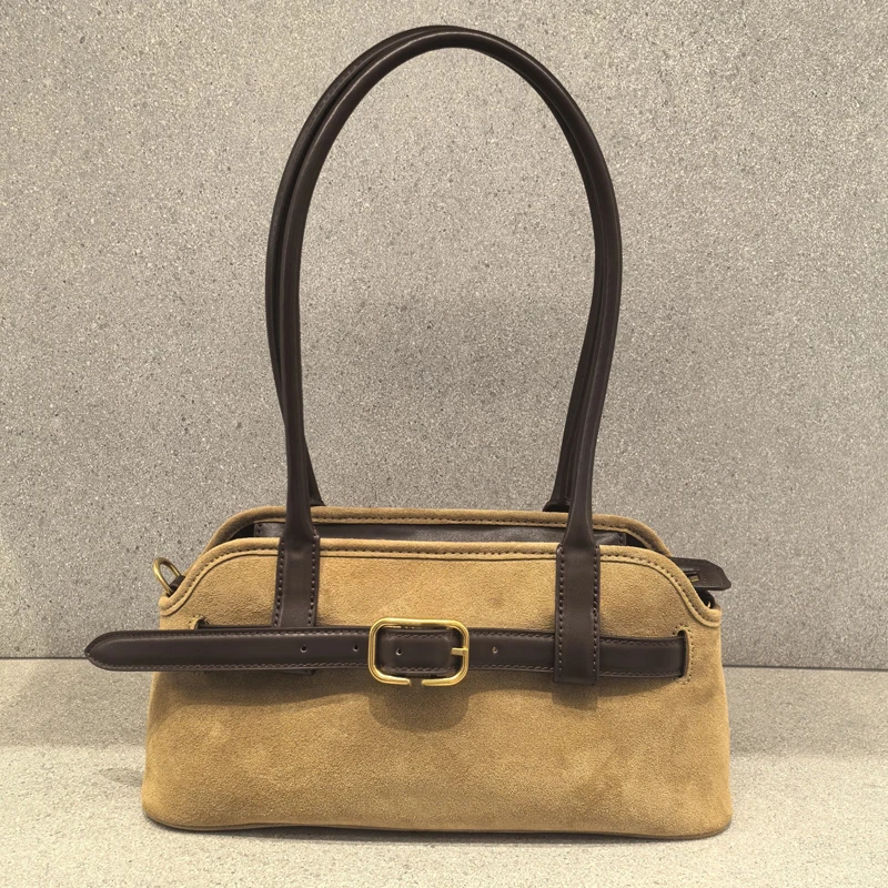 Faux Suede Shell Bags For Women Luxury Designer Handbag And Purses 2025 New In PU Rivet Belt Buckle Top Handle Underarm Shoulder