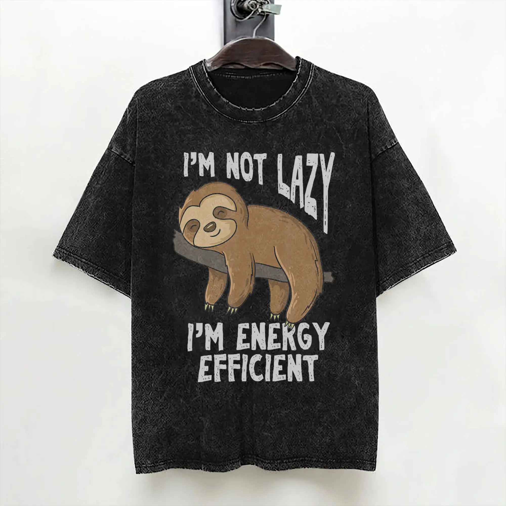 I'm Not Lazy I'm Energy Efficient Funny Sloths T Shirt Washed Short Sleeve T-Shirts  Vintage Men Women Streetwear Summer Tees