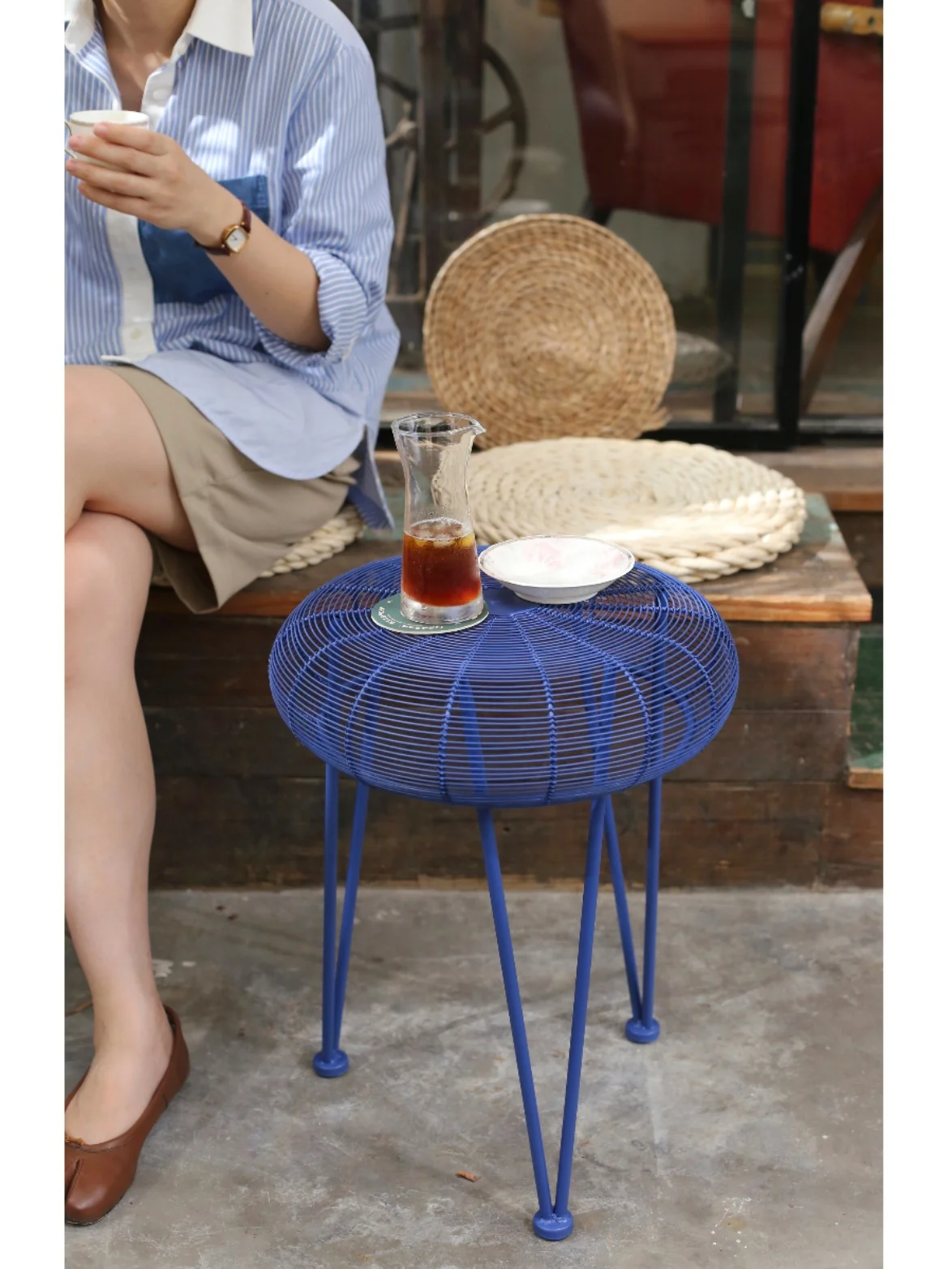 

Art sofa designed by Xi Wu Institute Nordic style modern metal craft Klein blue fan with several stools.