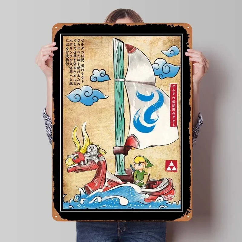 Wind Waker Woodblock Game Poster Wall Art Decor Decor for Room Decoration Vintage Metal Tin Signs for Gamer Room Wall Decoration