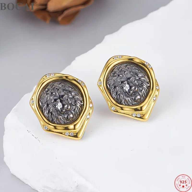 BOCAI NEW S925 Sterling Silver Stud Earrings for Women Relief Antique Silver Lion Charms Gilded Ear Stud Fine Choice Jewelry