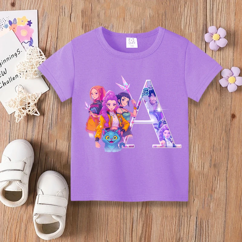 

2025 Anime KPop Demon Hunters Kids T-Shirts Printed Letter A-Z Tops Shirts Summer Clothes Boys Girls Short Sleeves Pullover Tees